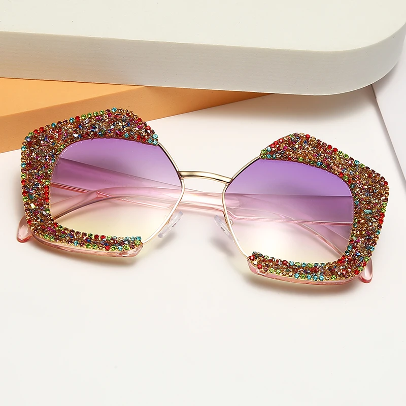 

NWOGLSS 1713 Ins Style Half Frame Diamond Polygon PC Women Shades Sunglasses