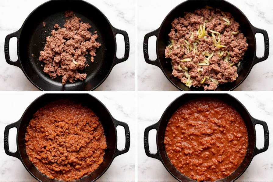 Step-by-step preparation of spaghetti chili showing ground beef browning in cast iron skillet with onions and garlic