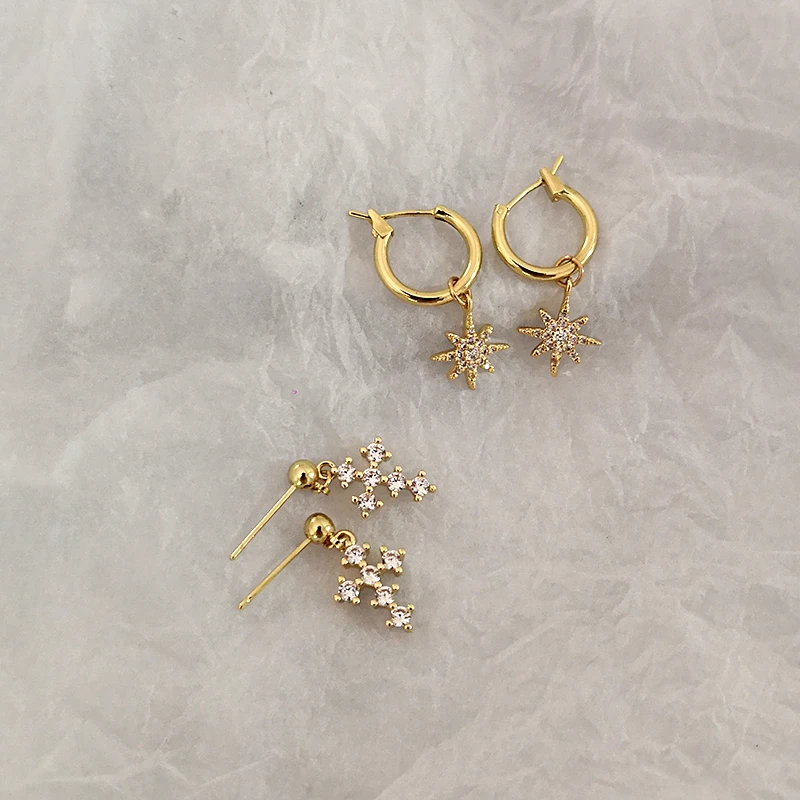 

Eight-Pointed Star Dainty CZ Huggie Hoop Earrings for Women Cubic Zirconia Cross Pendant Earrings Charm Hoops, Gold