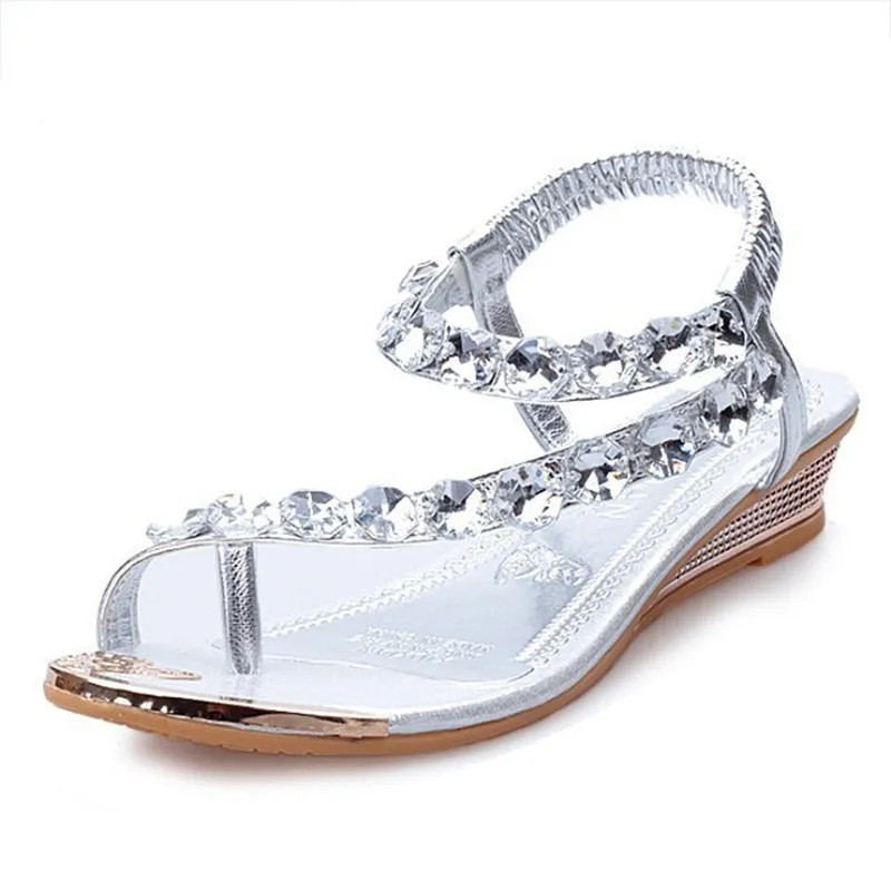 

2021 Summer New Style Ladies Wedge Sandals Rhinestone Flip-Flops Ankle Elastic Band Women Sandals