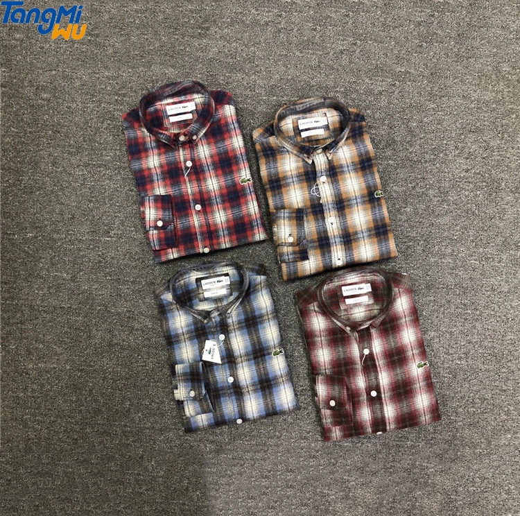 

High quality Men grid flannel brand Long sleeve shirt embroidered logo light blank custom Plaid shirt