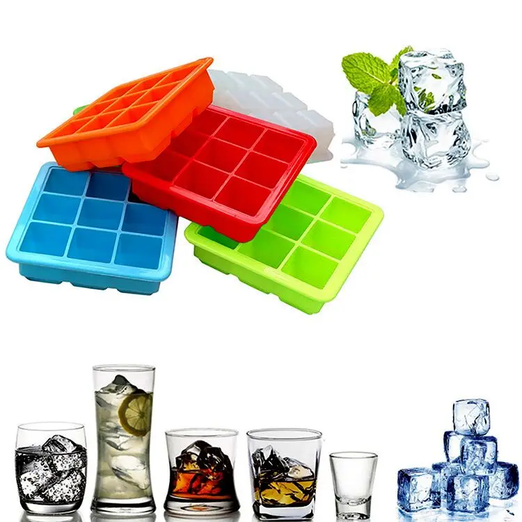 

Easy to Release 9 Grids Square Shape Silicone Ice Tray With Lid For DIY Ice Cube Mold Ice Cream Maker, Red,blue,green,orange