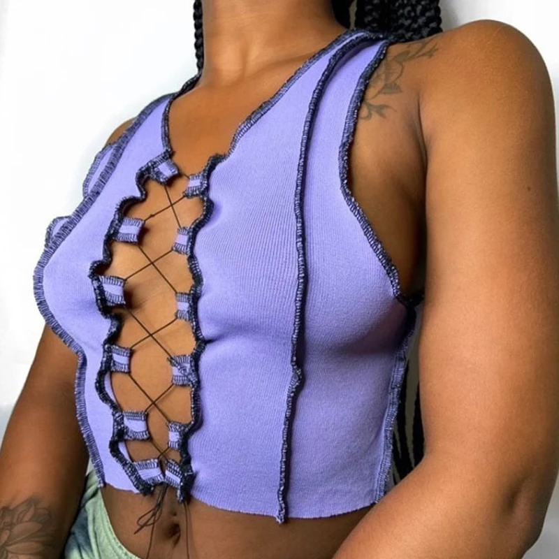 

Nibber T20AA14K Summer Solid Color Club Party Wear Bandage Ribbed Knitting Hollow Out Vest Sexy Female Crop Tops Women Tank Top, Blue/light blue/purple
