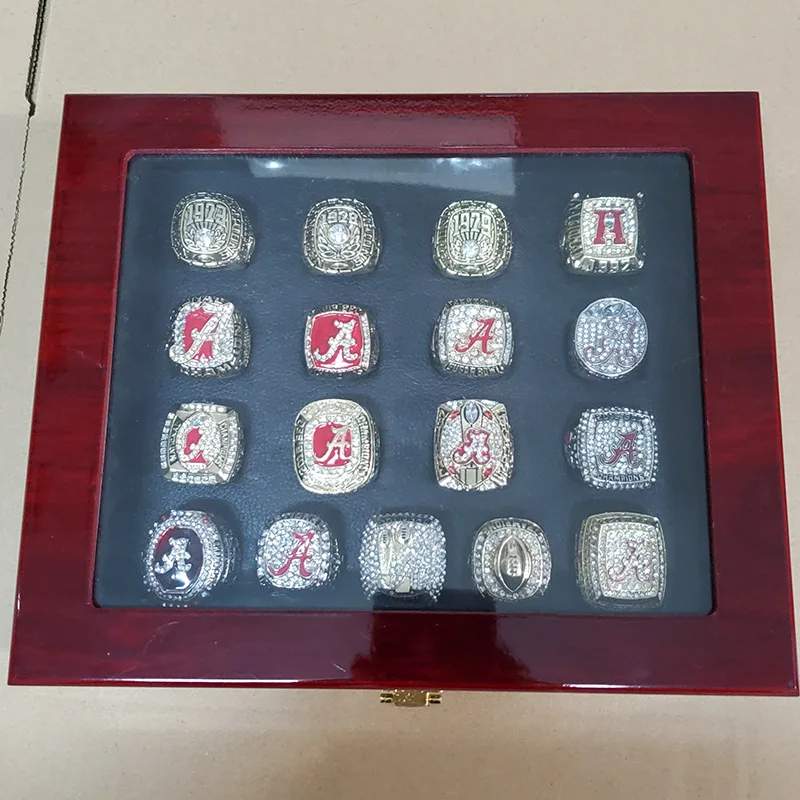 

NCAA university of Alabama championship rings 17 Alabama rings + a wooden box package