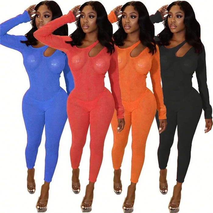 

L3292-womens fall fashion 2021 solid color long sleeve sexy bodycon seethrough bodysuit, Picture shown