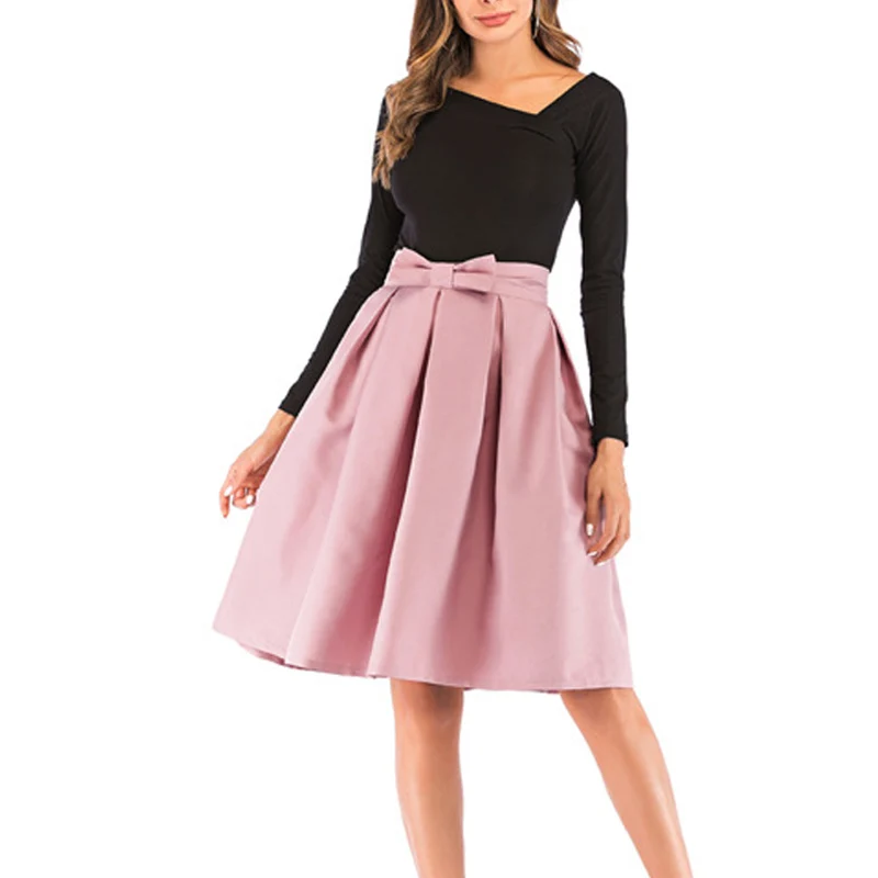 

Elegant Space Cotton Women's Casual Skirts Retro Female High Waist Ball Gown Skirts Bowknot Femininas Vintage Women Long Skirt