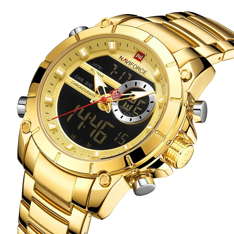 

NAVIFORCE 9163 Fashion Gold Digital Quartz Wrist Watch Full Steel Waterproof Sport Men Watches Dual Time Date Clock Relogio, 5 colors