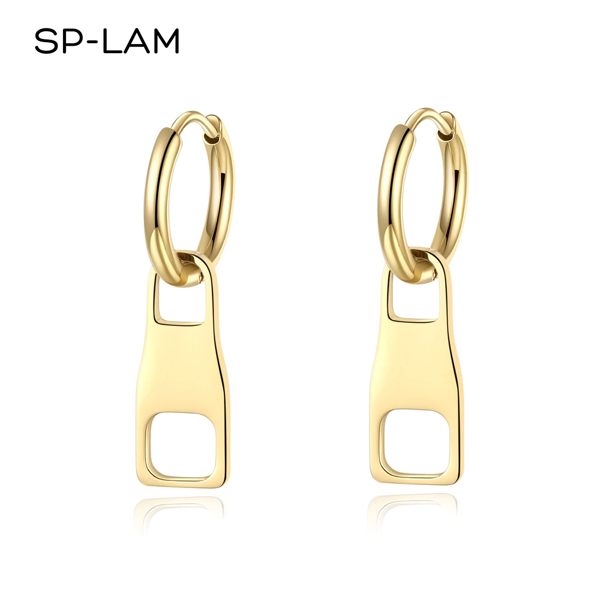 

SP-LAM Zipper Designer Hip Hop Stainless Earrings Famous Brands 14K Gold Plated Statement Earring 2021