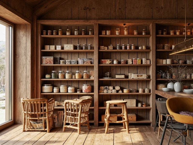 Rustic barn interior with wooden shelves holding artisanal food products