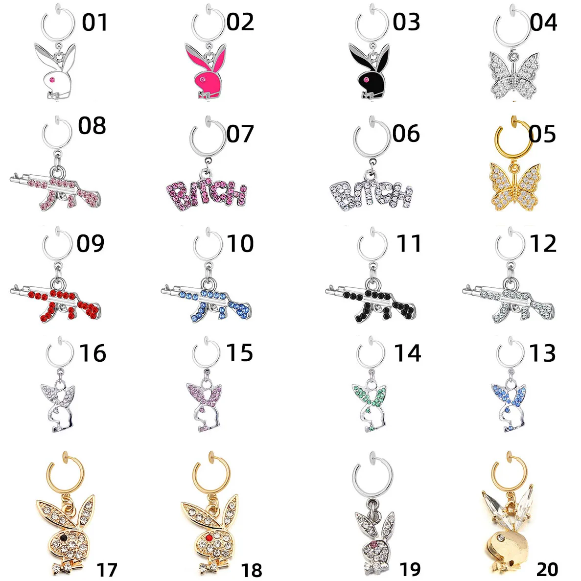 

Fashion 37 Styles Gun Bitch Bunny Butterfly Crown Faux Belly Button Ring Non Piercing Clip On Face False Fake Belly Rings, Silver/gold