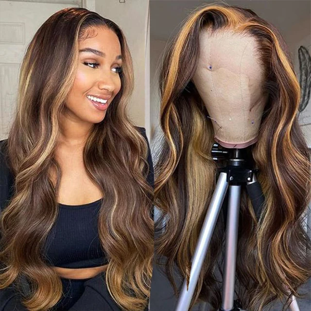 

Lemoda 13x6 Body Wave Brown Highlight HD Transparent Lace Front Human Hair Wigs Raw Virgin Brazilian Highlight Human Hair Wigs, Natural color lace wig