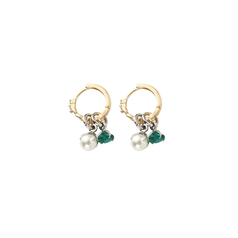 

Light Luxury Natural Green Crystal Huggie Earrings Gold Plated Clear Rhinestone Pearl Hoop Earring For Women