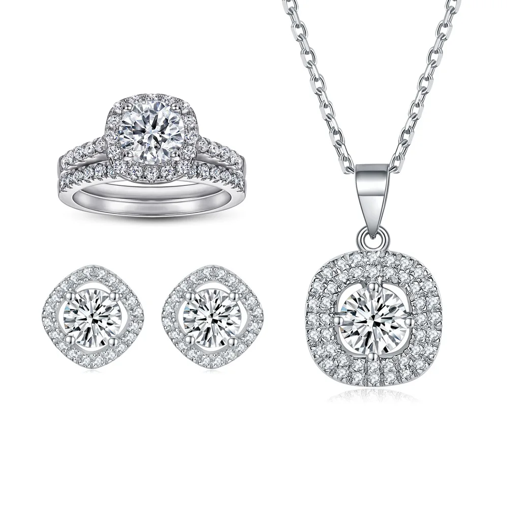

Fine Jewelry 925 Sterling Silver Necklace Earring Silver 925 Colorful Cubic Zircon Ring Wedding Engagement Jewelry Set for Woman
