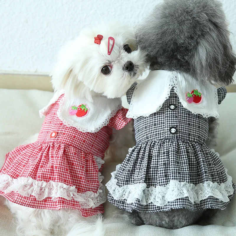 

2021 New Strawberry Embroidery Pet Dress Sweet Square Collar Lace Dog Skirt Custom Design Pet Clothing Dog Dress Clothes, See picture