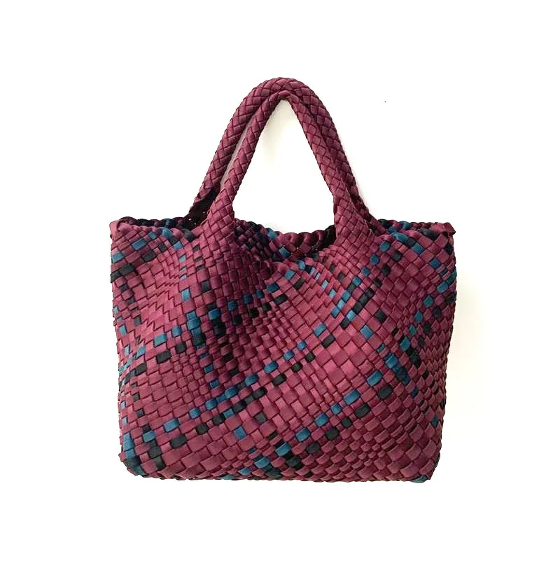 

High Quality Handmade Woven Handbag Neoprene Tote Bag Summer Beach Bag with Purse, 5 colors
