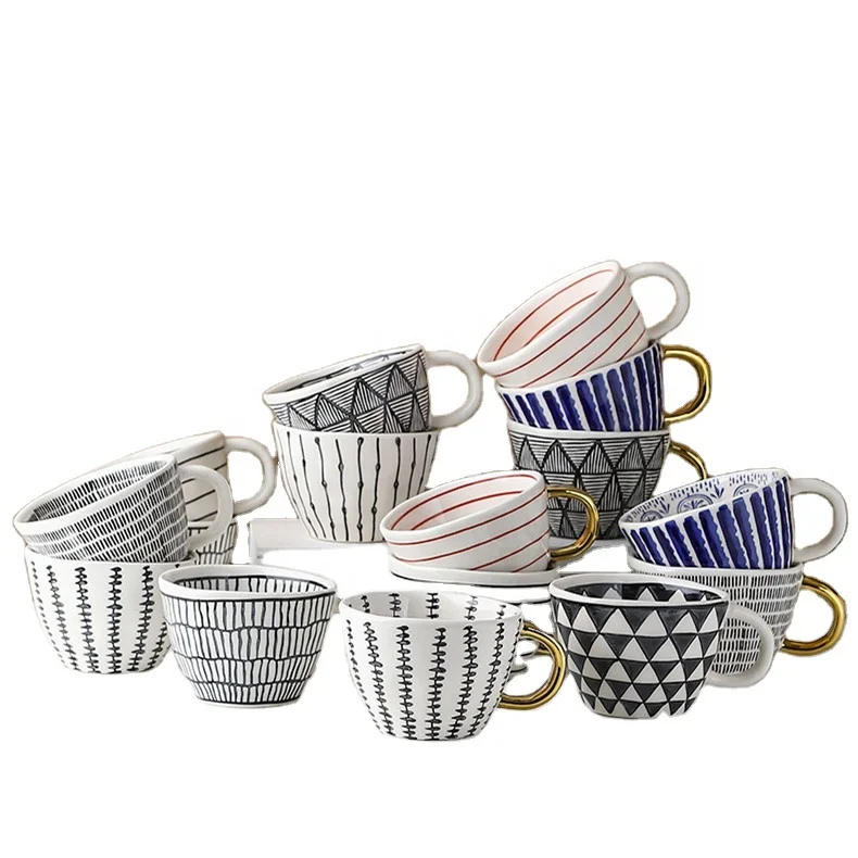 

330ml Retro Japanese Striped Lines Water Cup Ceramic Coffee Mug With Gold Handle, As pictures