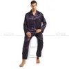 Men's Pajamas solid color piping Sleepwear Men's long Sleeve Luxury turn down collar 2 piece pajama set