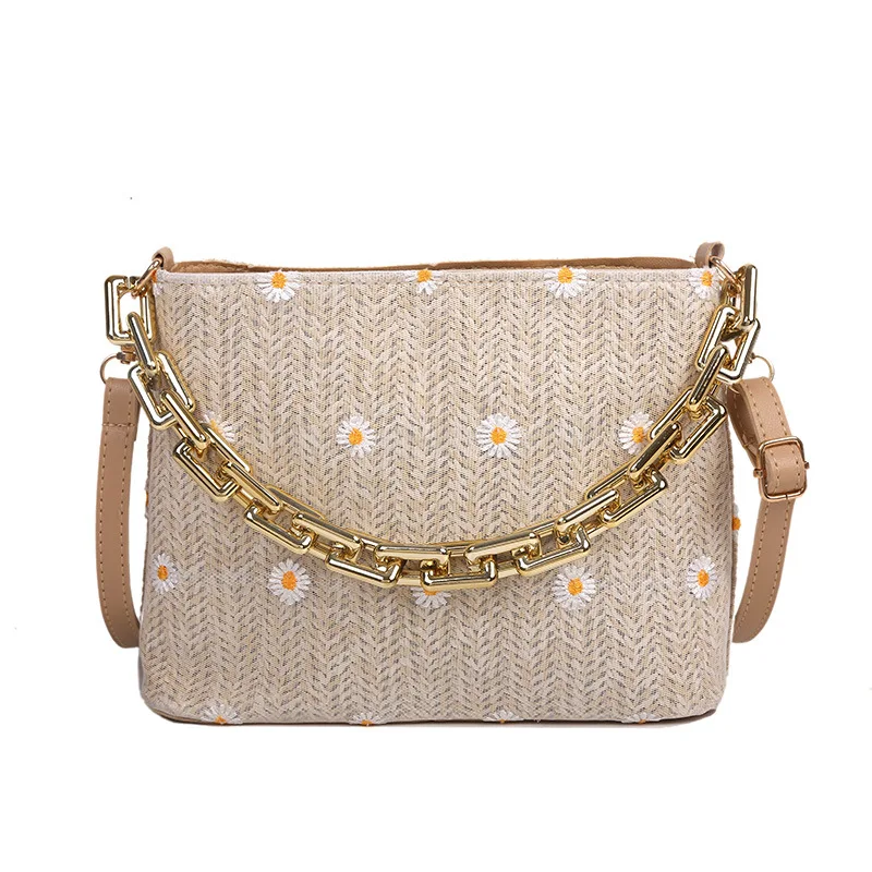 

SP824 fashion lace flower chain bride straw bag woven shoulder bucket slings bag, Picture shown