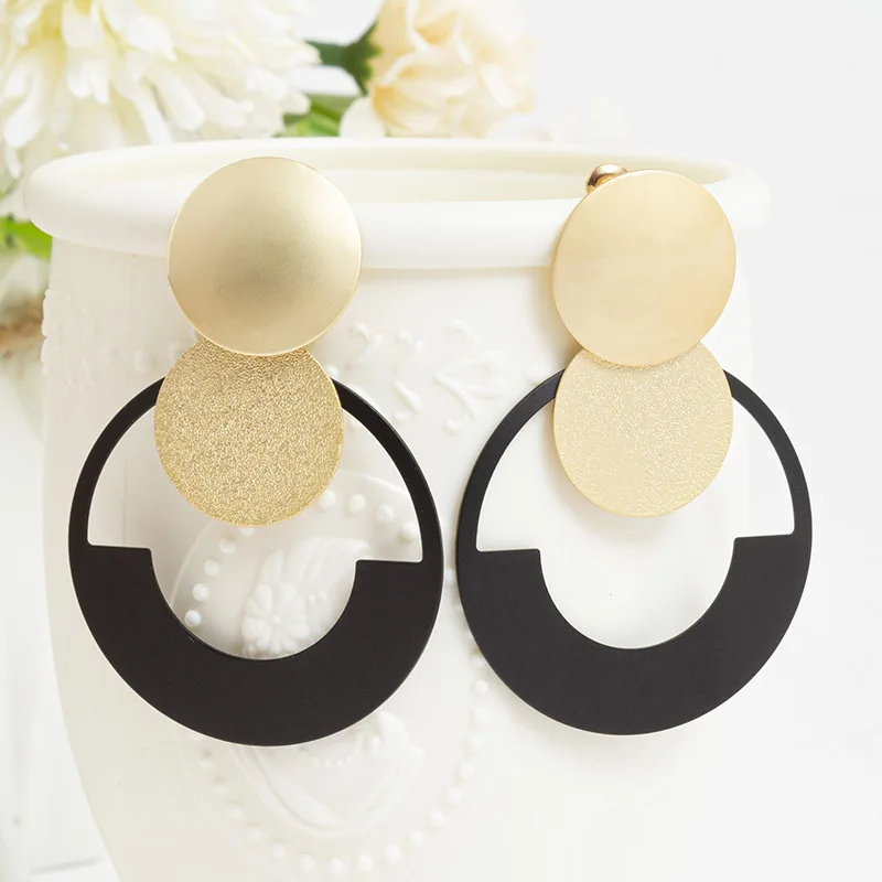 

High quality gold plated geometric hollow hoop earrings jewelry chunky black exaggerated big hoop earrings for women, Gold plating