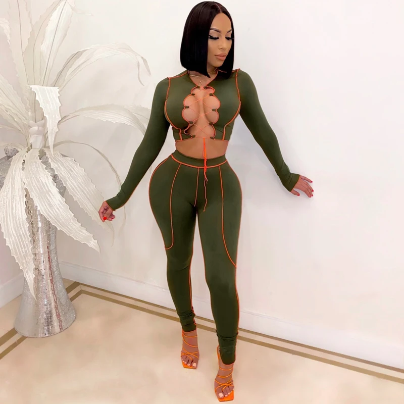 

Sexy Lace Up Crop Long Sleeve Top High Waist Bodycon Leggings Pants Striped Two Piece Set 2020 Women New Arrival Clothes, Burgundy,army green