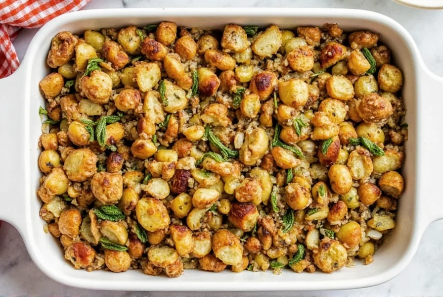 Traditional Thanksgiving stuffing with visible rubbed sage pieces in a ceramic baking dish