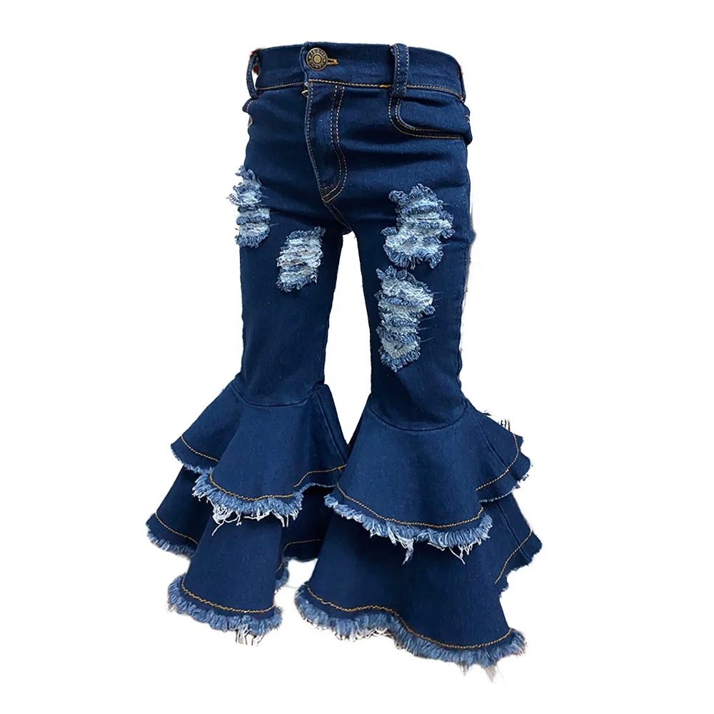 

Free shipping Kids Baby Denim Distressed Plus Size Flared Jeans Double Bell Bottoms