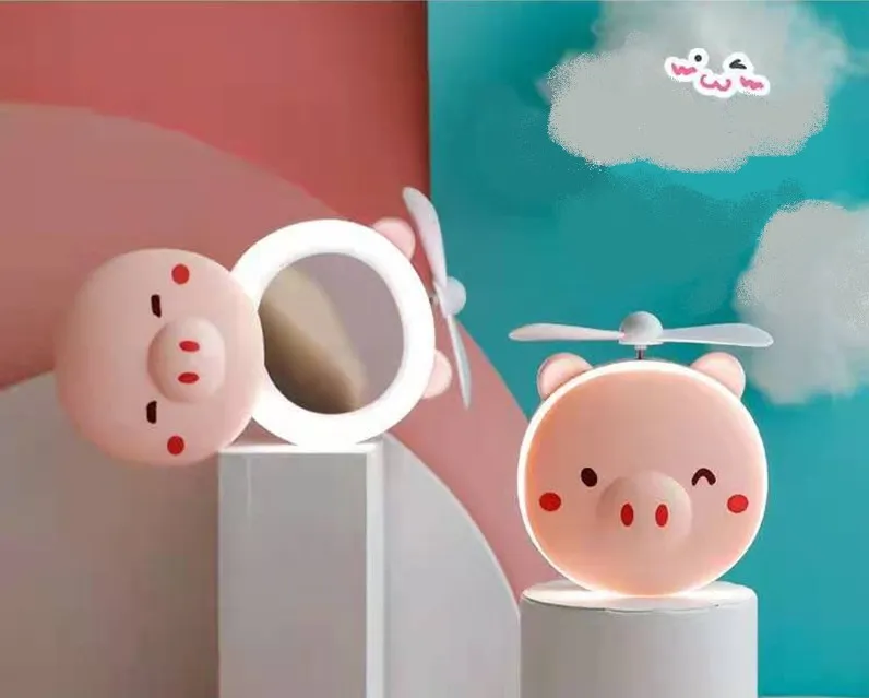 

Portable mini makeup Mirror Lovely piggy hand mirror USB charging LED mirrors with fan