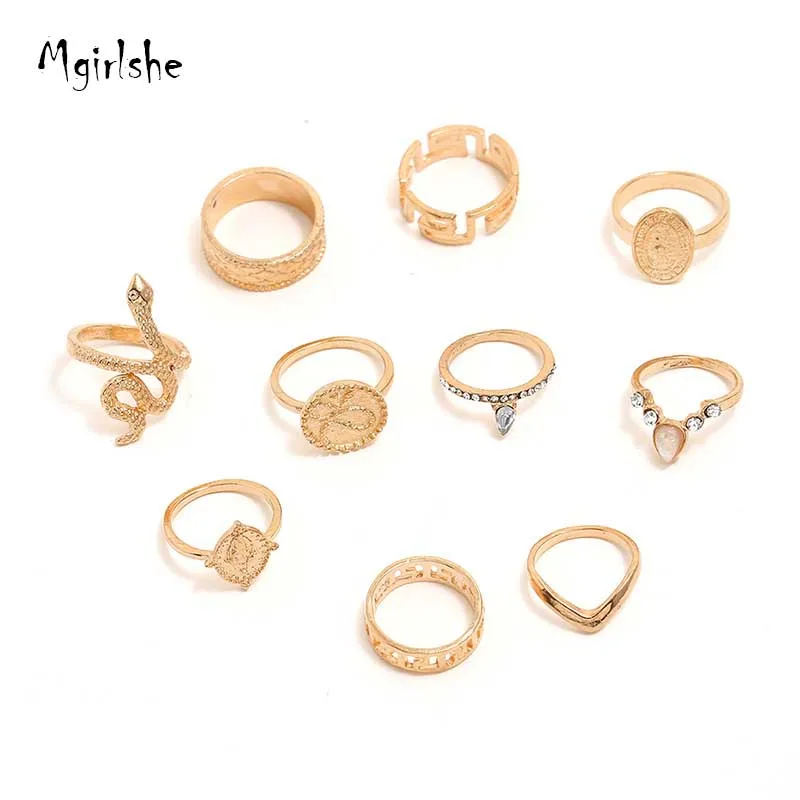 

Mgirlshe Fashionable New Bohemian Style 10-piece Ring Set Wholesale Trendy Gold Metal Toe Rings Jewelry Set for Women and Girls