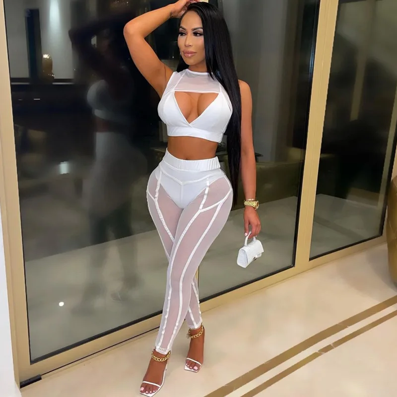 

OEM Women Set Solid Mesh Sleeveless Hollow Out Crop Tops Pencil Pants Two 2 Piece Sets Sexy Fashion Outfit Summer Streetwear, Black