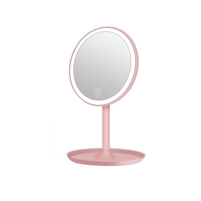 

Low Price Led Adjustable Tilt 45 Degrees Up Standing Face Mirror With 5X Detachable Round Mirror, Customized color