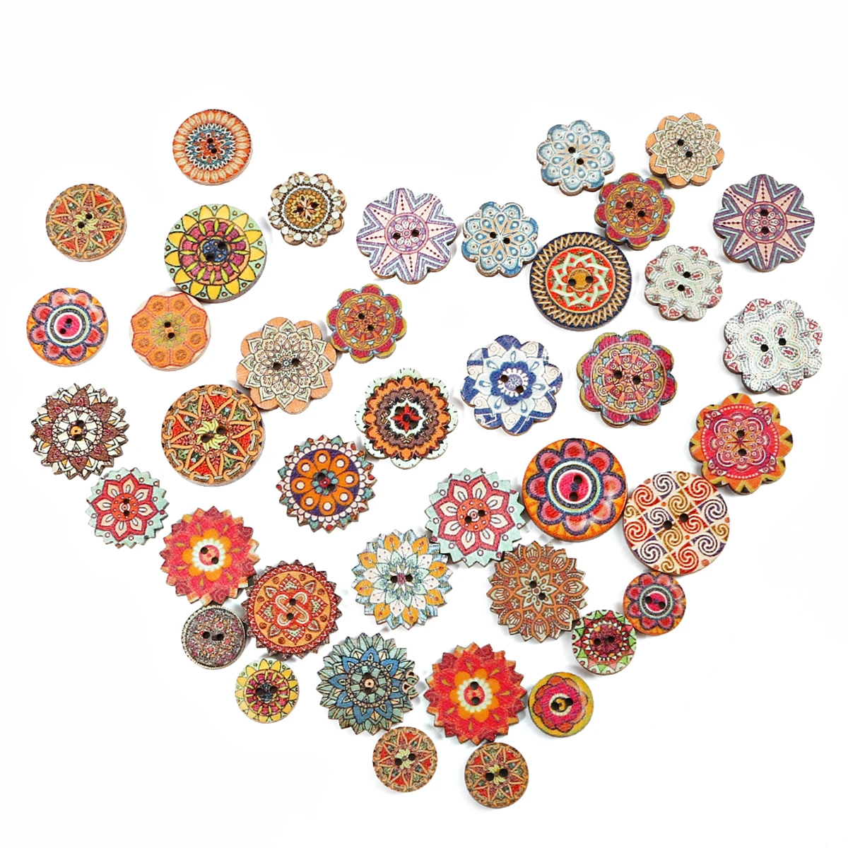 

Wholesale 50pcs/lots Mixed Color Natural Wooden 2 Holes Buttons Vintage Round Sewing Buttons Prints Pattern Sewing Accessories