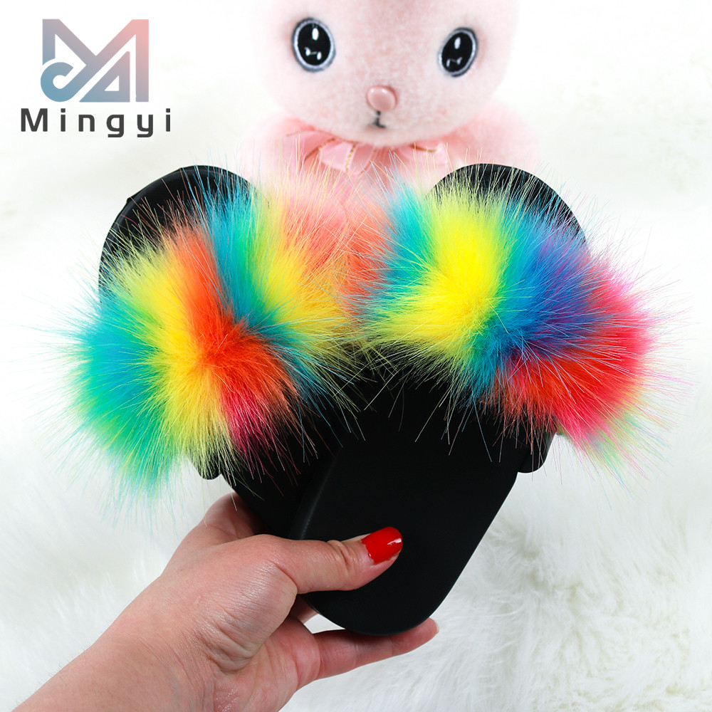 

Multicolor super soft fox children baby fur slippers kids fur slides wholesale