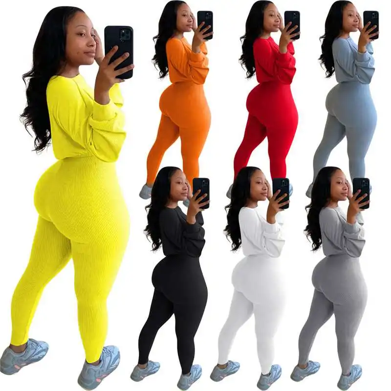 

Female Fitness Two Pieces Sets 2021 Spring Autumn Long Sleeve Crop Tops And Bodycon Pants Suits Sexy Club 2 Piece Outfits Set, Picture color