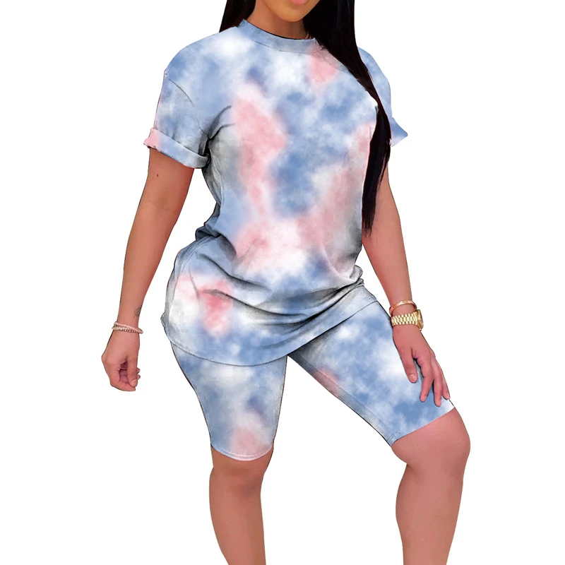 

Super Soft Womens Tie Dye Printed Yoga Shorts Set Short Sleeve Tops and Shorts 2 Piece Set Sportswear