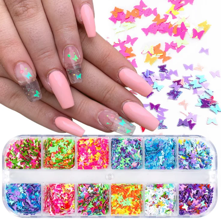 

12 different colors 3D Holographic Butterfly Nail Glitter butterfly sequins nail art Decoration, Colorful