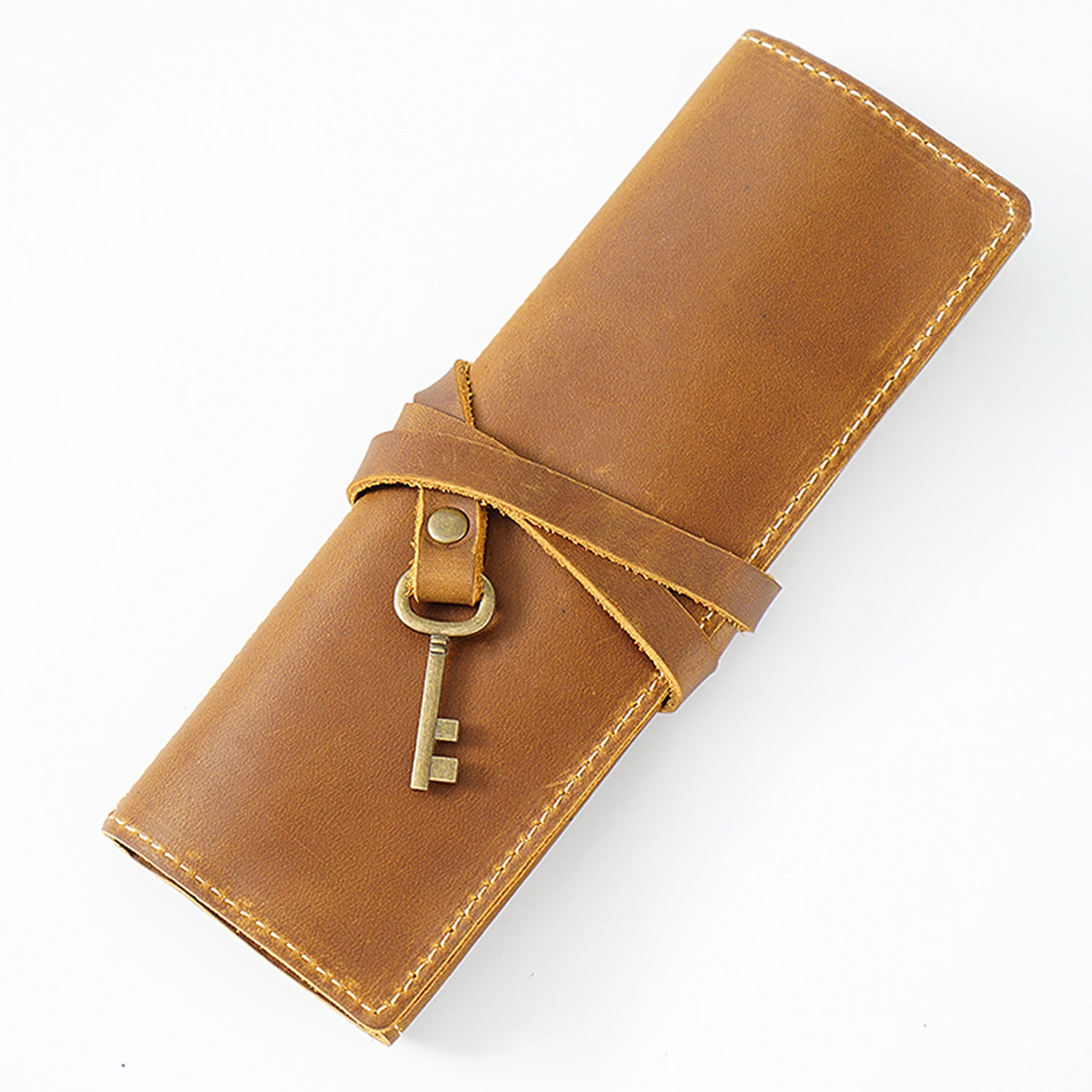 Handmade Genuine Cowhide Leather Pencil Case Zipper Nature-inspired Pen Protection Bag Holder for School Supplies Office
