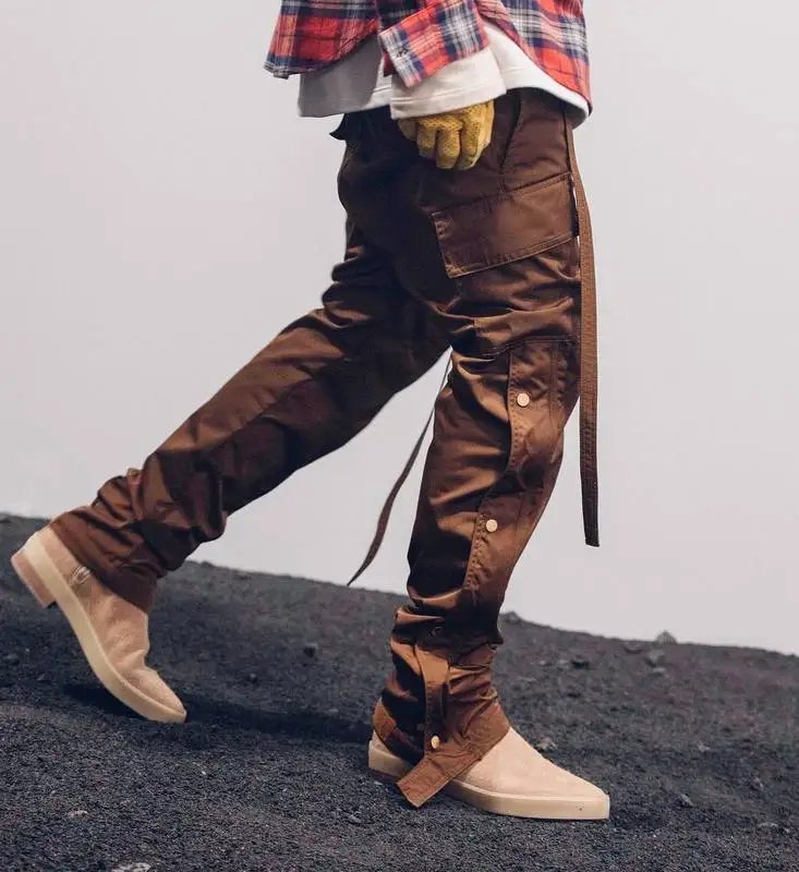 

Stock Side Button Solid Color Mens Streetwear Cargo Trousers Pants, Multi