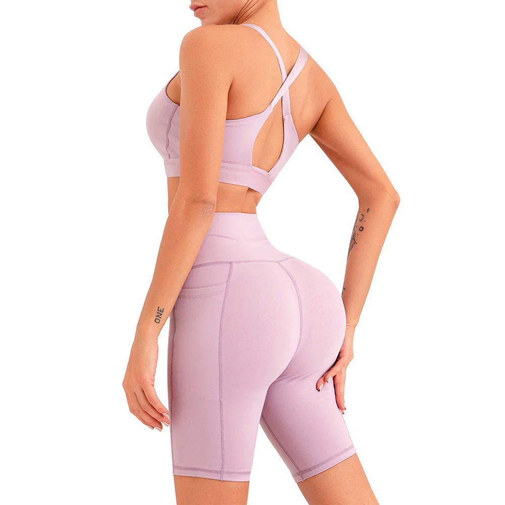 

New short five cent pants Yoga suit cross shock BRA high waist pocket peach hip Yoga suit two piece pants set, Black, pink purple, light green