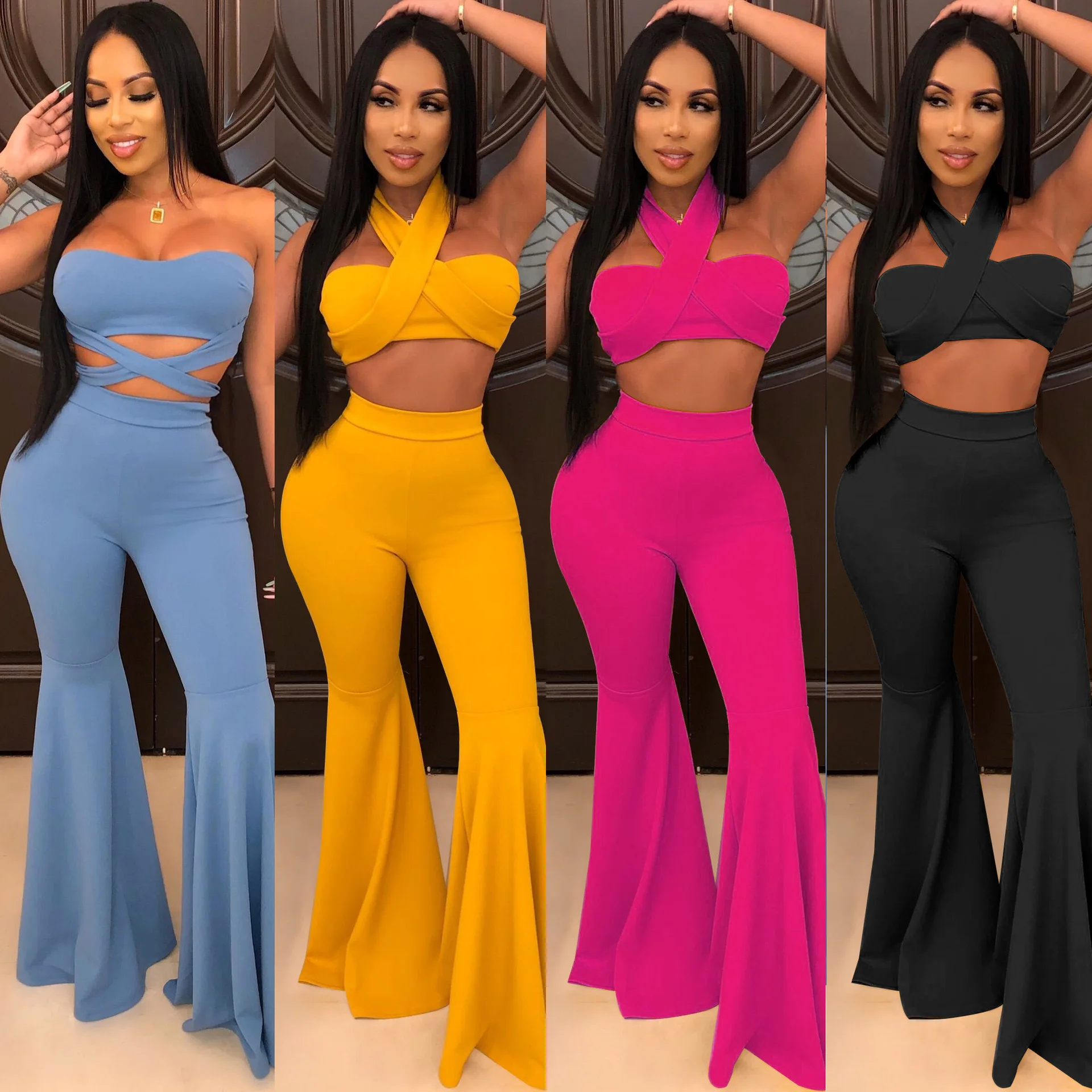TA7053 women fashion multi wear sexy flare pants and top two piece set