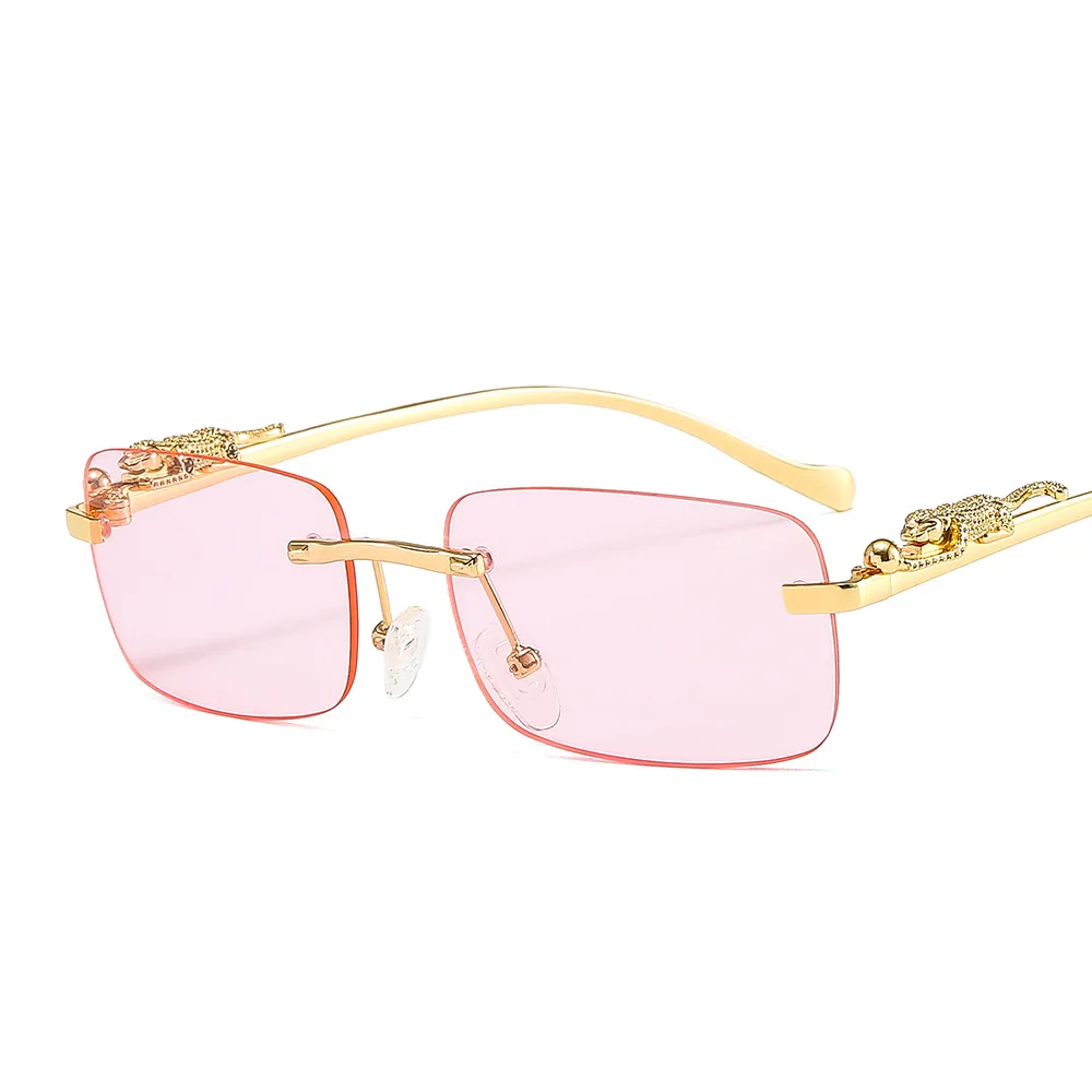 

Finewell Rimless Square Leopard Head Small Sunglasses Men Women Fashion Shades UV400 Vintage Sun Glasses