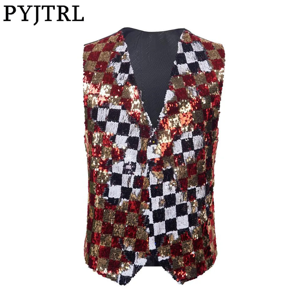 

New Men Double-sided Colors Red Gold Black White Plaid Sequins Waistcoat Vest Men Gilet Homme Stage Singers Costume