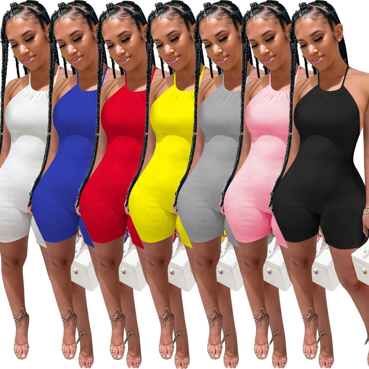 

New Arrivals Wholesale 2022 Summer Women Casual Ribbed Halter Backless Clubwear Bodycon One Piece Shorts Jumpsuit, Customized color