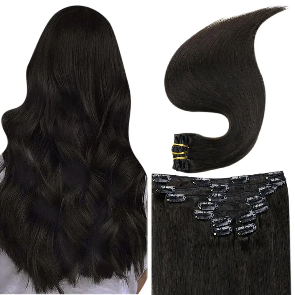 

Full Shine 14-24" Double Weft Remy Human Hair Extensions Clip in #1B Natural Black Clip in Hair Extensions