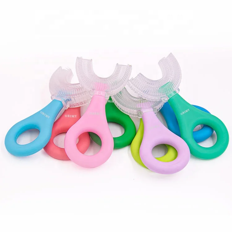

OEM&ODM 95mmX43mm Silicon Customized Color cepillo de dientes en forma de Baby Children 360 Kids U Shape Toothbrush, Green/pink/blue / yellow or custom