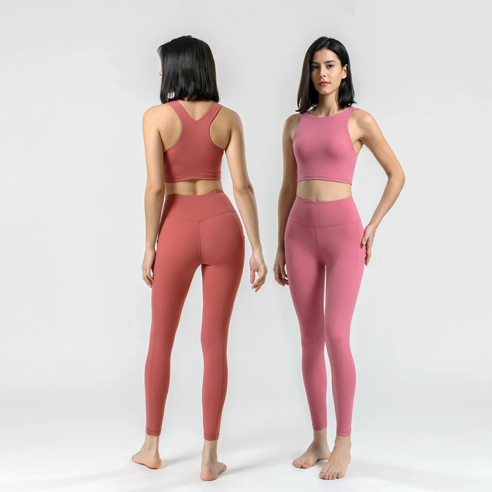 

2118-2113 Wholesale Women Gym Fitness Set High Impact Crop Tank Top High Waist Butt Lifting Leggings with Pockets 2 Piece Set