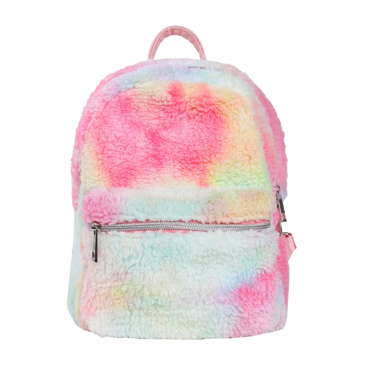 

2019 tie dye colorful fur school bags winter kids plush backpack, As picture