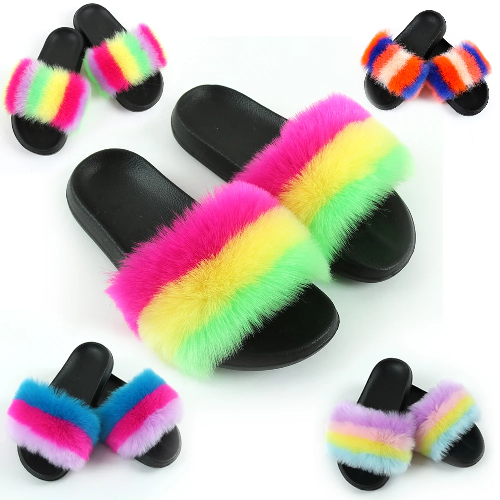 

Wholesale custom logo fluffy real fox raccoon fur slipper furry fur slides for women