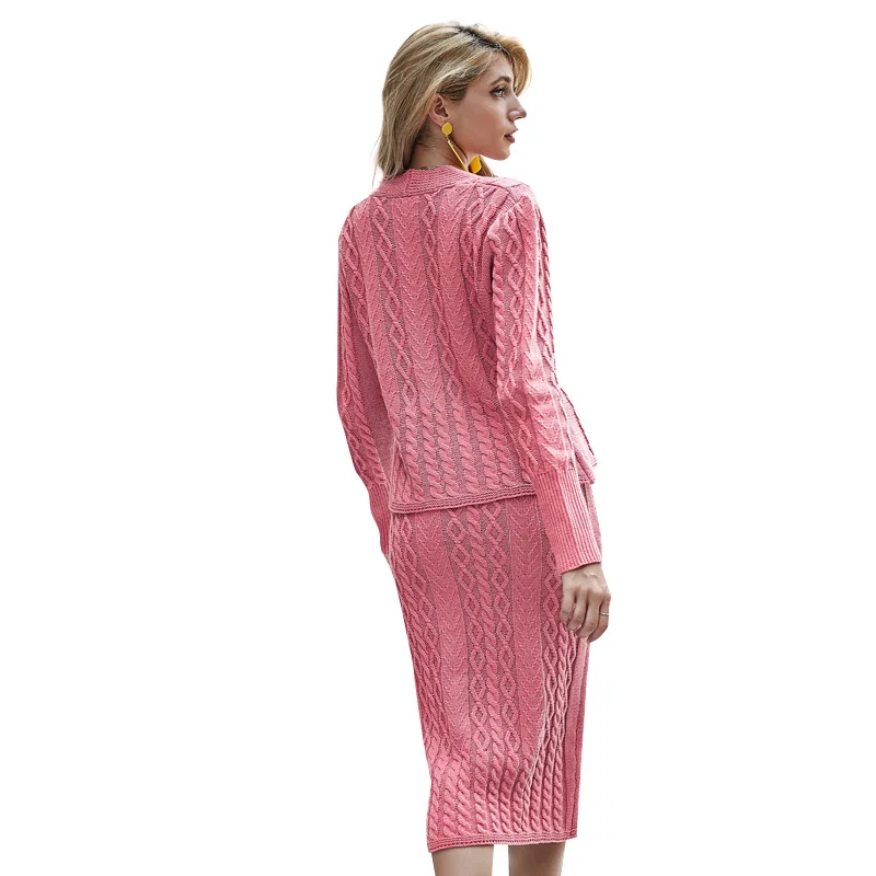 

Bulk Pink 2 Pieces Winter Cheap Women Knitted Pullover Skirt Cable Knit Sweater Set