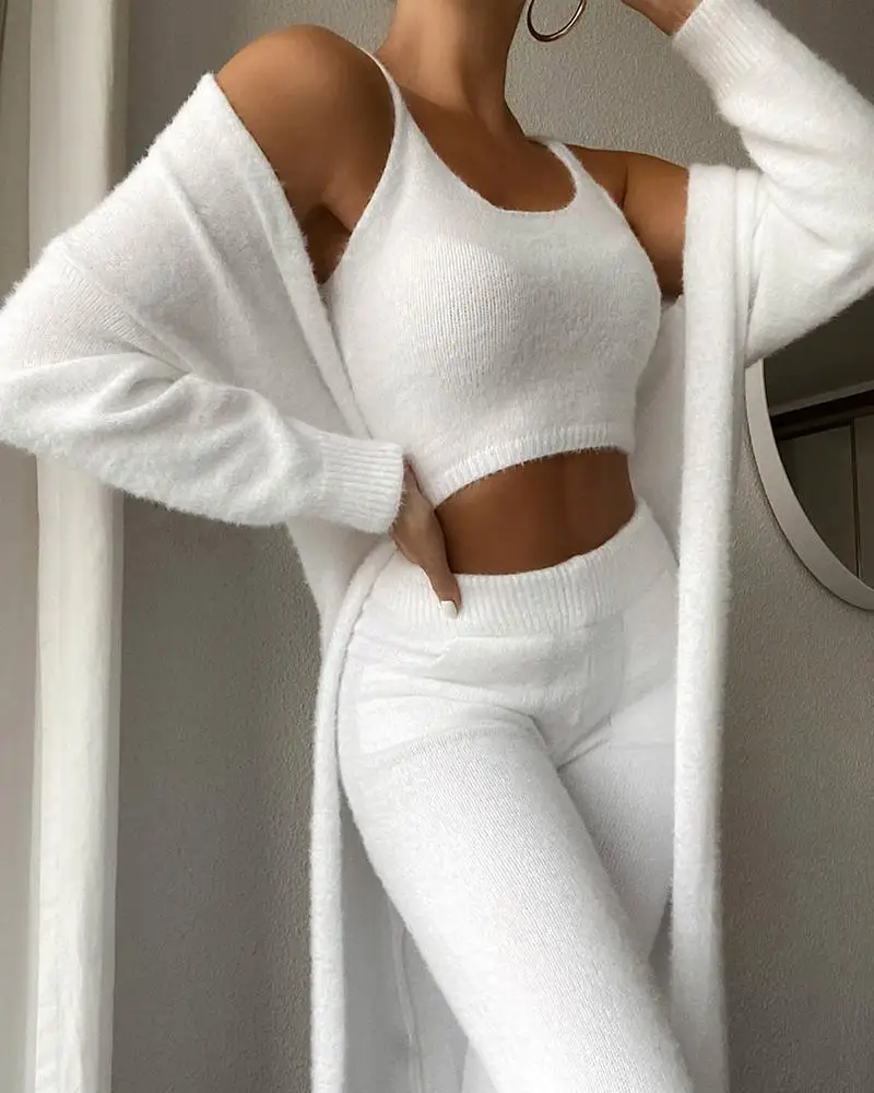 

Fall Women Pant Sets Cozy Sweater Women Lounge Wear Fuzzy Soft Knit Ribbed Sleepwear With Robe 3 Pieces Set Winter Pajama Sets, Picture