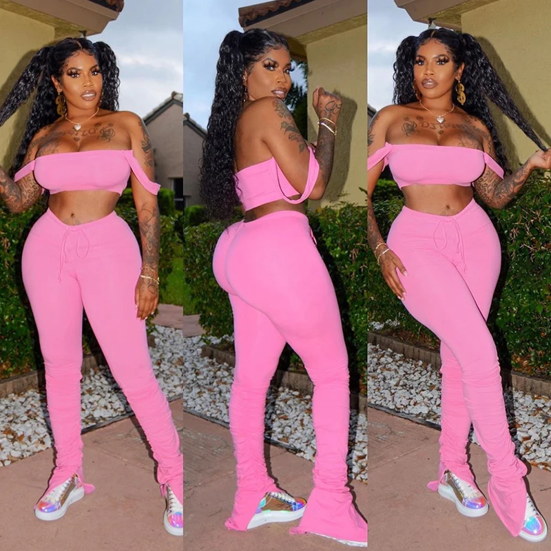 

Summer hot sale sexy solid two piece set women clothing sleeveless off shoulder outfits female clothing